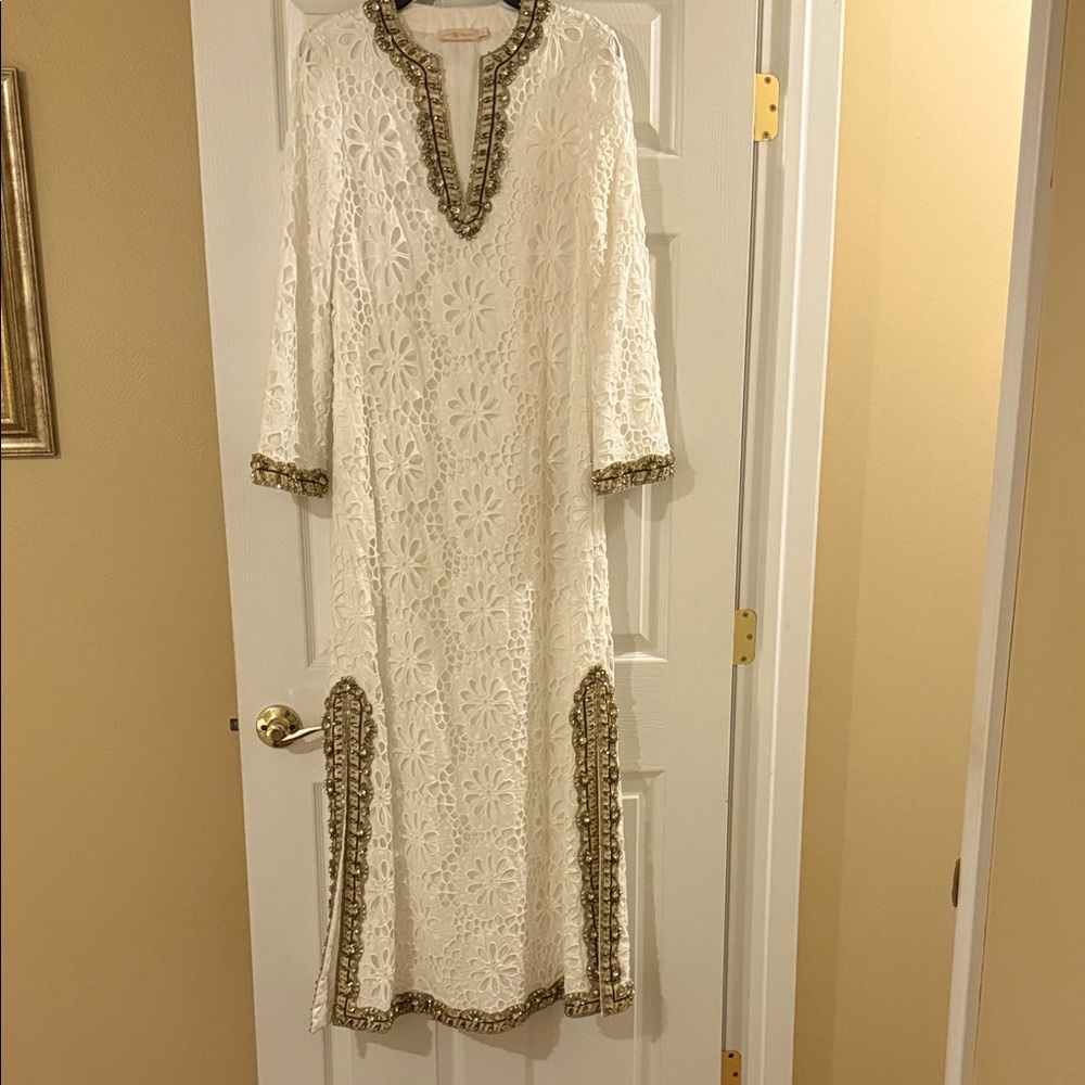 Tory Burch Cream Lace Dress with Gold Accents